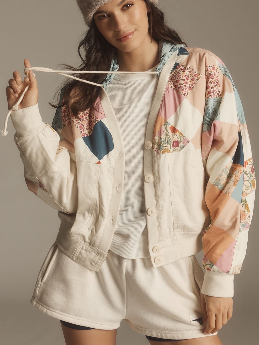 Anthropologie Daily Practice Patchwork Hooded Bomber Jacket - Cream & Multi